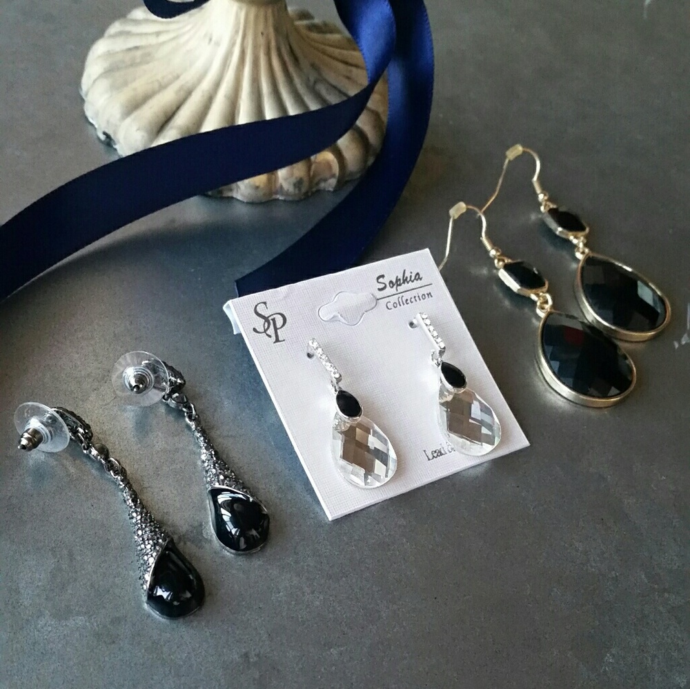 FINAL LOT Bundle 3 Black Silver Drop Earrings - Picture 2 of 5